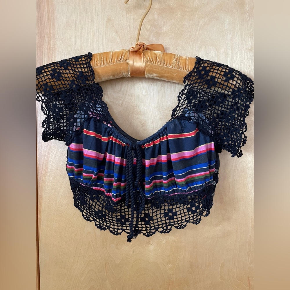NWOT! Free People lace crochet striped top. Drawstring front neck. Butto…